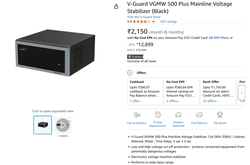 V-Guard VGMW 500 Plus: Ek Behtareen Voltage Stabilizer Apne Ghar ke Liye 9 V-Guard VGMW 500 Plus Mainline Voltage Stabilizer