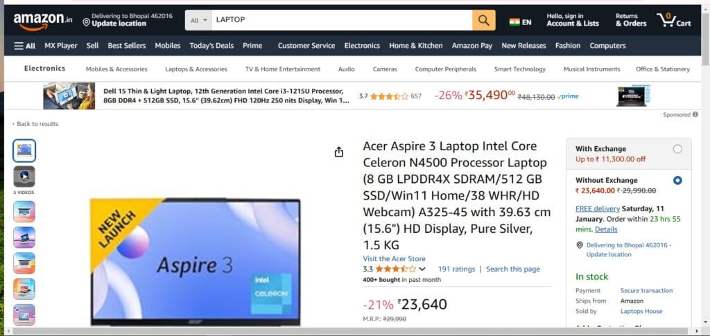 Acer Aspire 3 Laptop Intel Core Celeron N4500 Processor Laptop (8 GB LPDDR4X SDRAM/512 GB SSD/Win11 Home/38 WHR/HD Webcam) A325-45 with 39.63 cm (15.6") HD Display 9 ACER LEPTOP