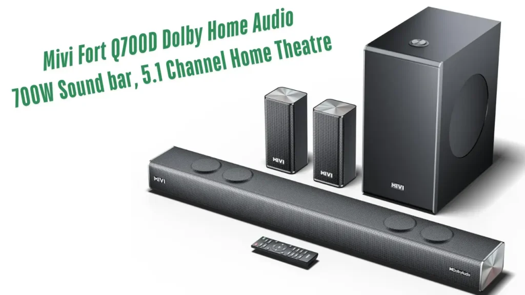 Mivi Fort Q700D Dolby Home Audio 700W Sound bar, 5.1 Channel Home Theatre, 8-inch subwoofer, 2 Satellite Speakers, 4 Unique Input and 5 EQ Modes, LED Display, Remote Control